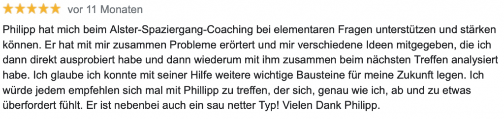 Eine Fünf-Sterne-Bewertung auf Google für das Coaching von Philipp Riehm